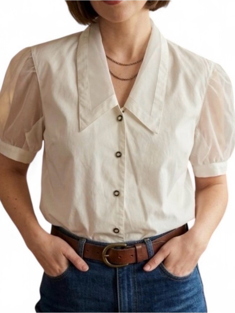 Fred David Vintage Puff Sleeve Button-Down Blouse with Pointed Collar 13/14